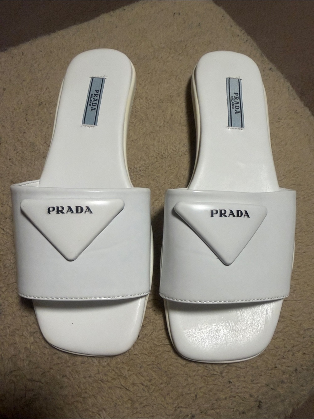 Prada White Leather Slide Sandals with Logo Triangle
